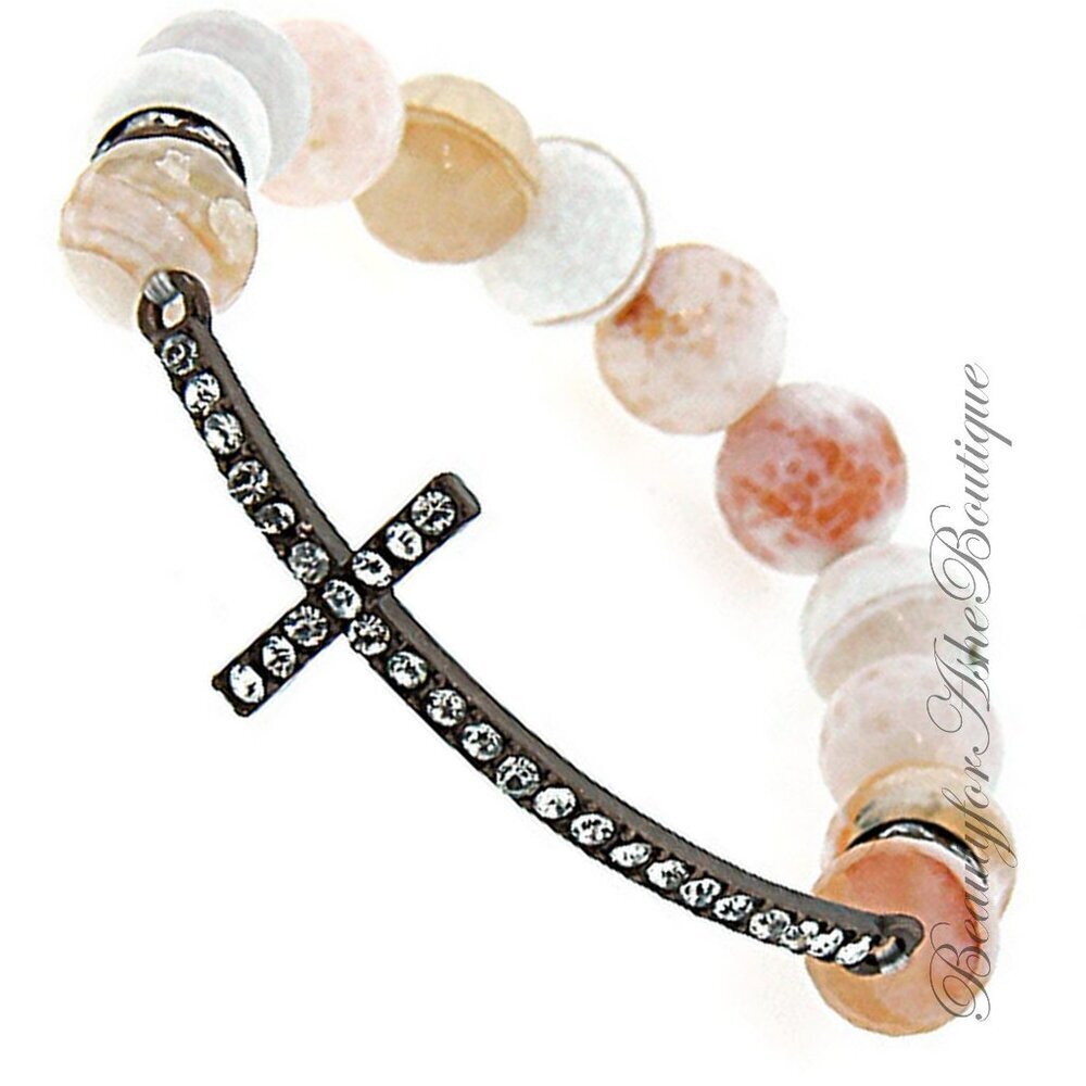 Semi-Precious Stone Beaded Curved Cross Bracelet with Crystal Accents